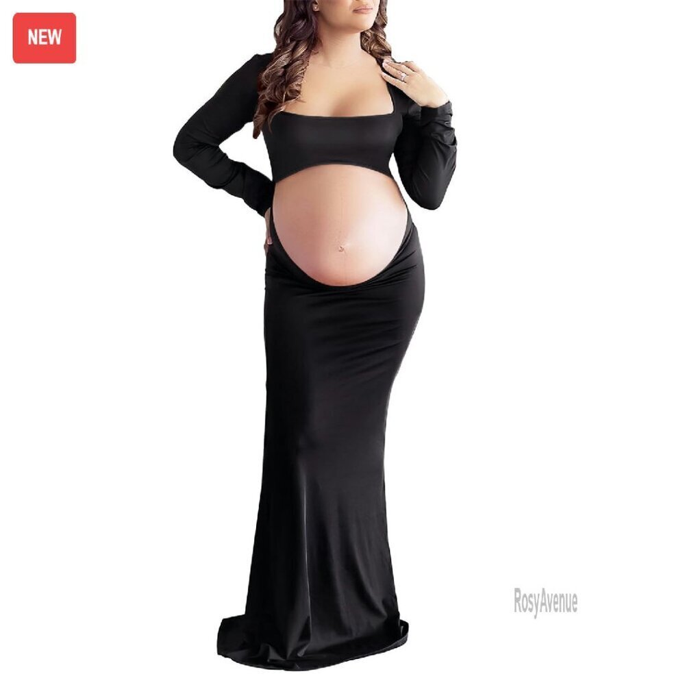 Long Sleeve Maternity Photoshoot Dress Square Neck Backless Maxi